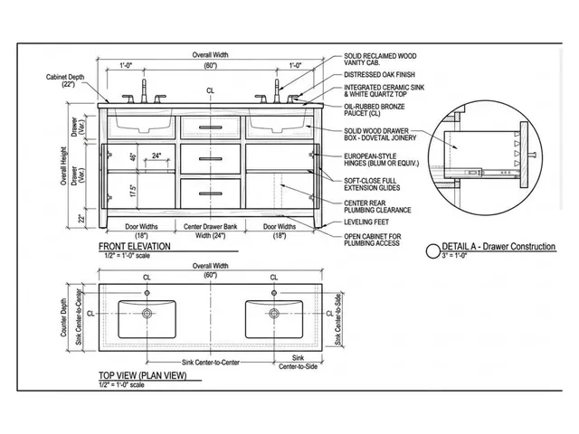 Shop drawing of a 60-inch custom double vanity: front elevation, plan view and drawer construction detail